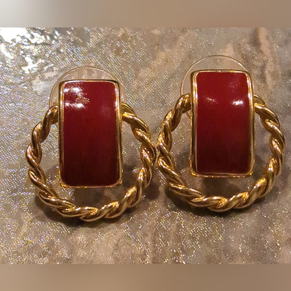 Vintage Monet Gold and Red Twisted Hoop Earrings